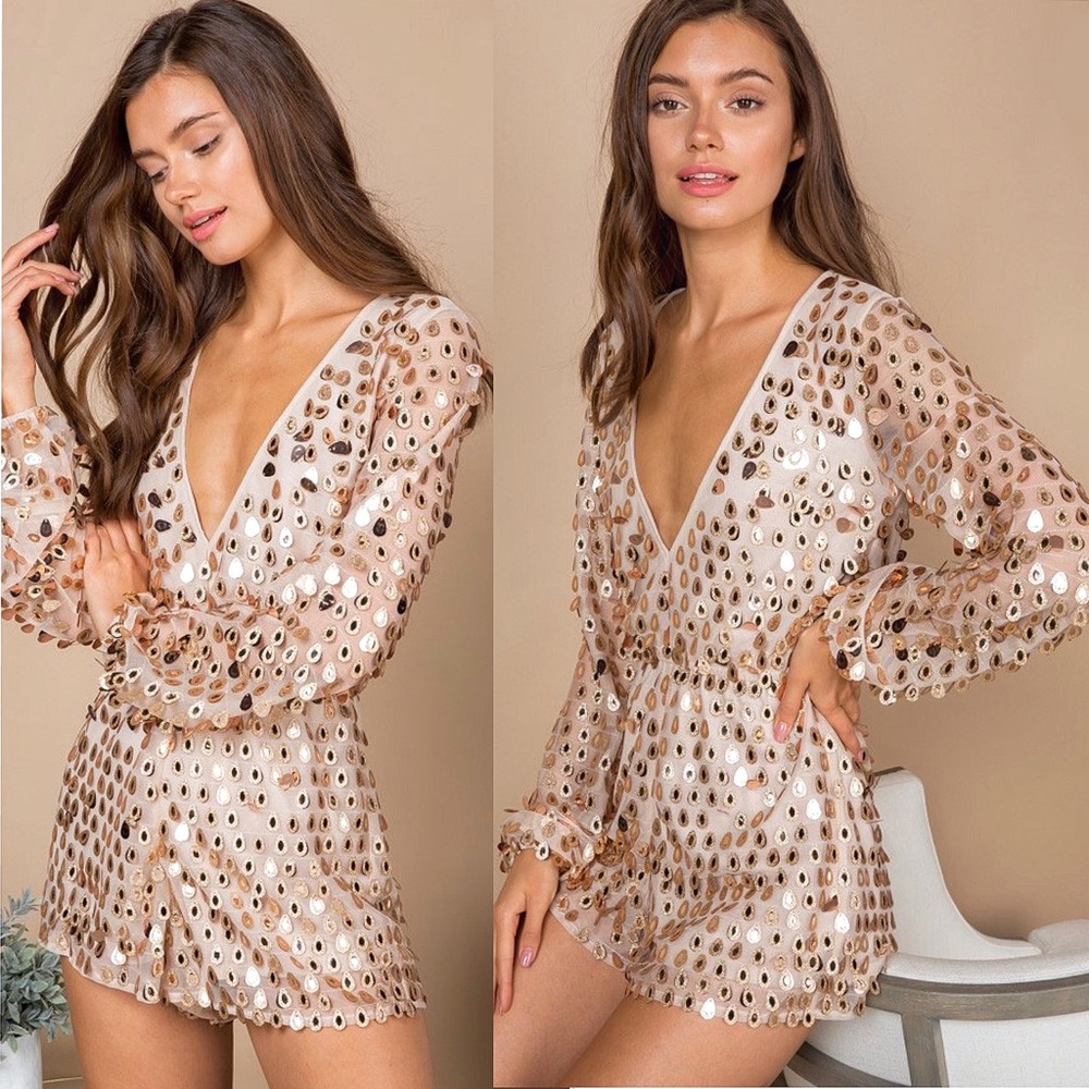 Gold Sequin Jumpsuit with Sleeves - Picture 3 of 10